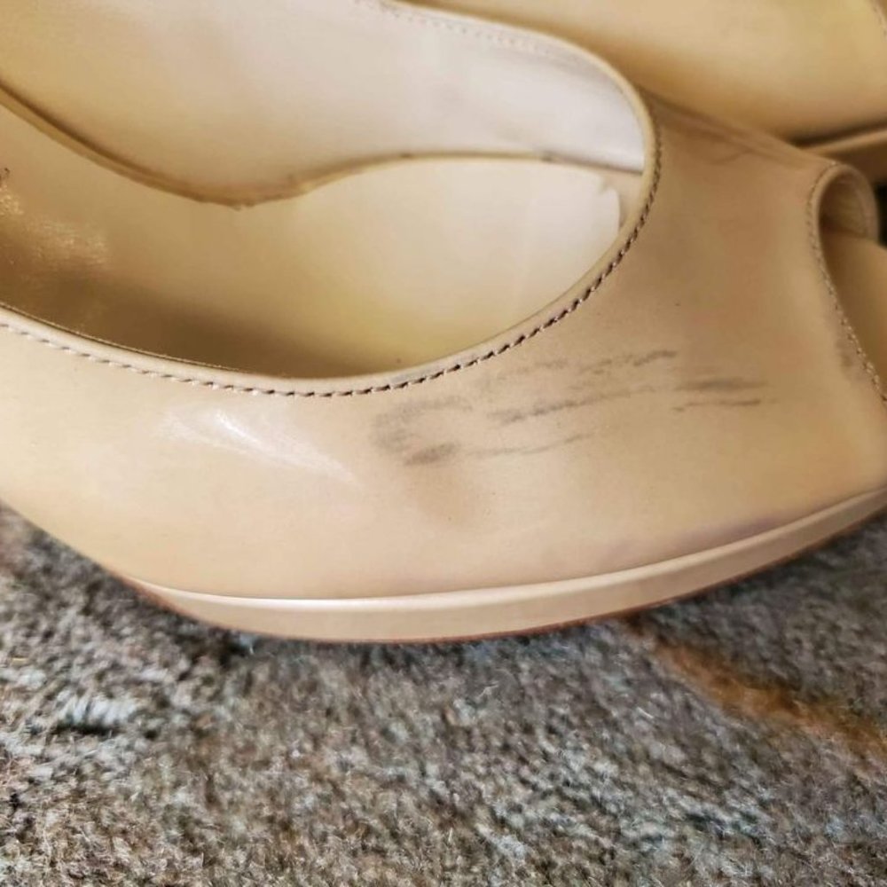 JIMMY CHOO 'NOVA' NUDE PATENT PEEP-TOE SLING BACK HIGH HEEL W/ PLATFORM SZ 7.5 - Picture 4 of 6